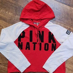 PINK VICTORIA'S SECRET Red Long Sleeve Cropped Hooded Sweatshirt Hoodie - Medium